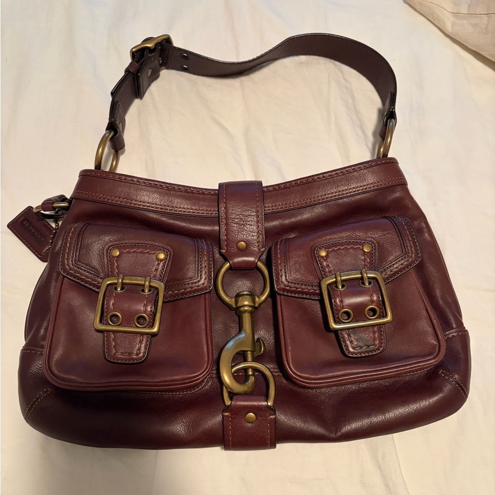 Coach Shoulder Bag in Deep Wine Leather with Brass Hardware